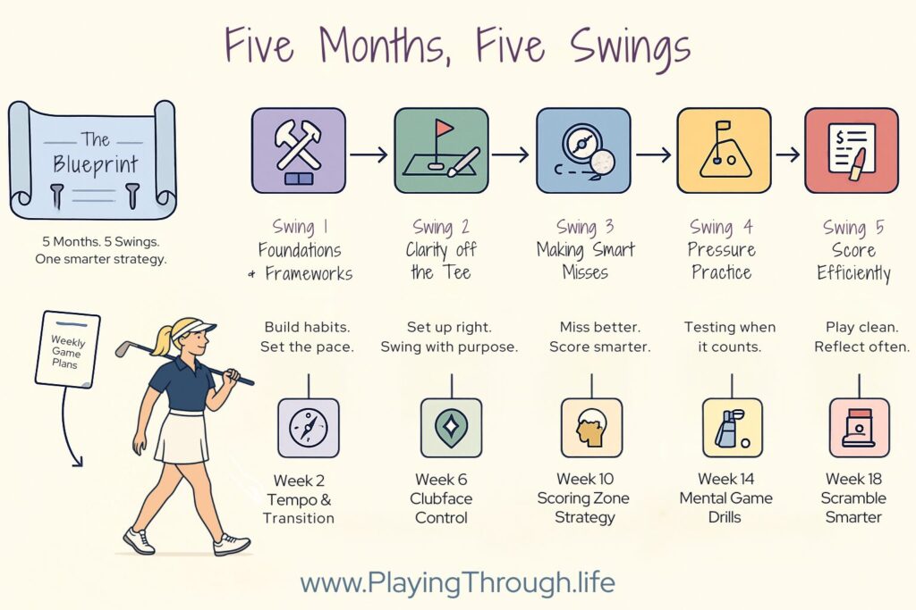 A landscape digital illustration of a stylized golf improvement flowchart titled “Five Swings to a Better Game.” It features a sequence of five colorful icon-labeled boxes representing each month’s theme—Foundations, Clarity, Strategy, Pressure, and Scoring—connected with arrows, text, and playful golf symbols like tees, scorecards, and fairways. The design is clean and matches a modern golf blog aesthetic.