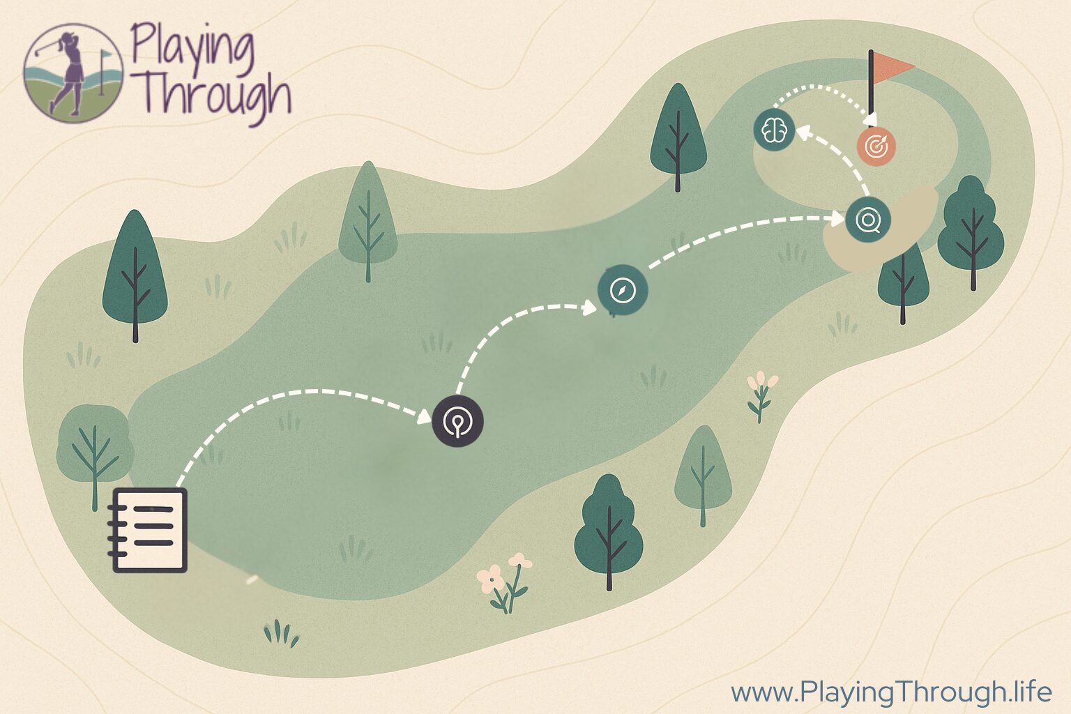 Illustrated aerial view of a par-5 golf hole with five icons marking each swing phase and a notebook icon at the tee box, connected by dashed arcs.