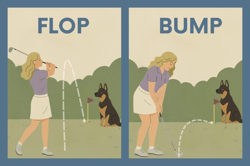 Side-by-side illustration of a golfer hitting a low bump-and-run and a high flop shot toward the same flag.