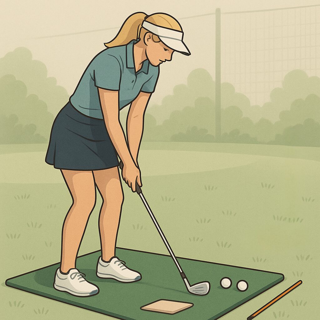 A woman golfer in a visor and polo shirt practices her short game on a golf mat with alignment tools and two balls on the ground.