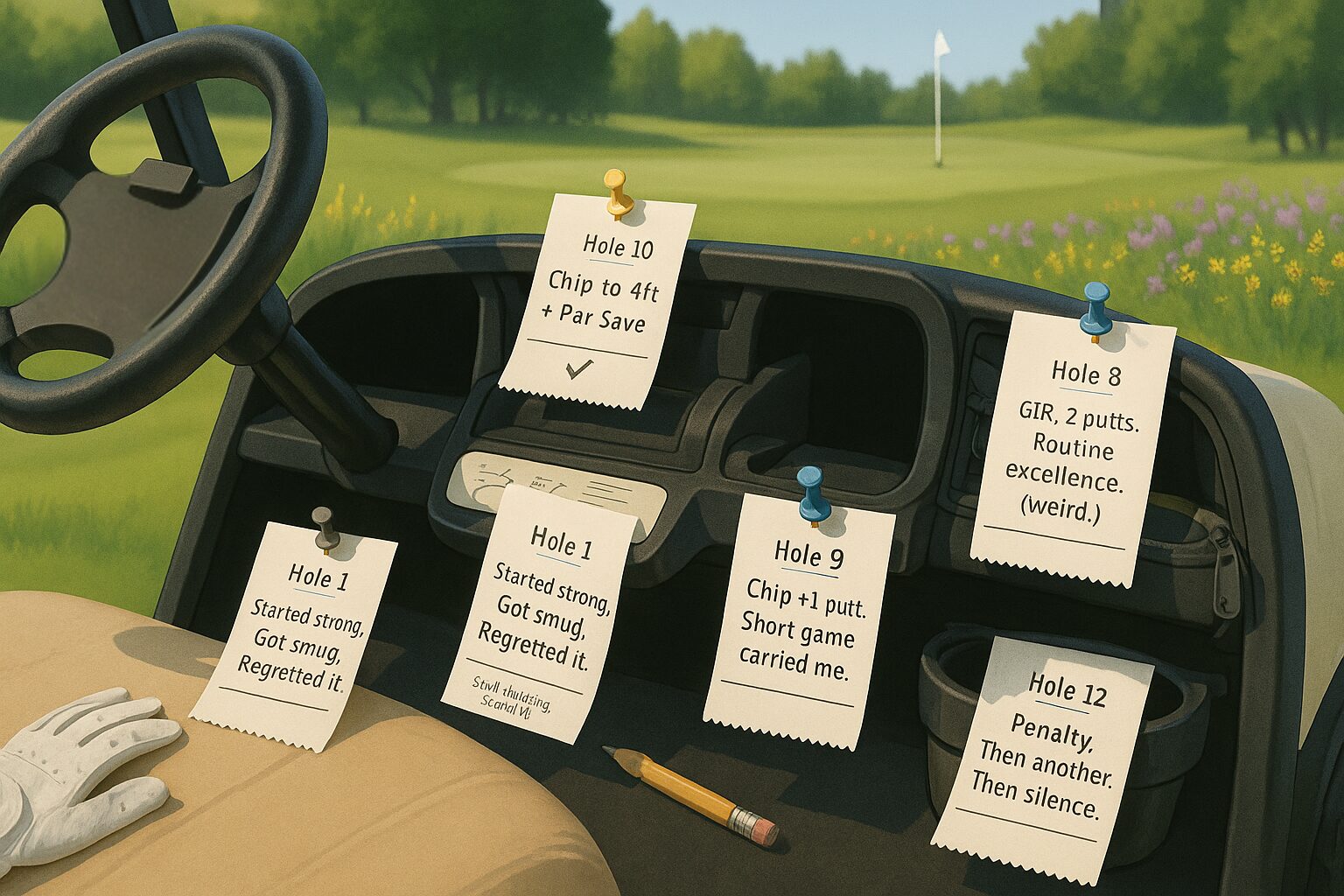 Interior of a golf cart with several receipt-style notes scattered across the dashboard, each detailing golf shots and moments from a casual round. Wildflowers and a sunny fairway appear in the distance.