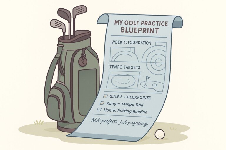 A clean digital illustration of a sage green golf bag on a light fairway, with a long blueprint scroll unrolling from its side. The scroll displays labeled sections for tempo drills and practice routines, with a handwritten quote reading, “Not perfect. Just progressing.”
