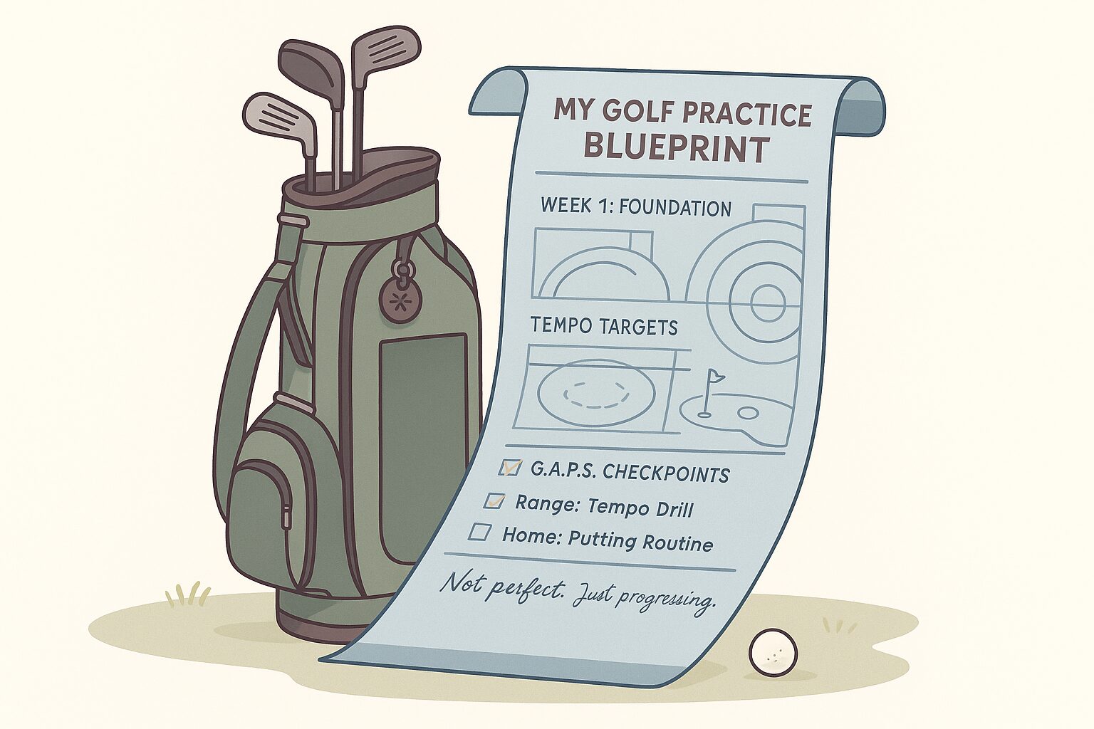 A clean digital illustration of a sage green golf bag on a light fairway, with a long blueprint scroll unrolling from its side. The scroll displays labeled sections for tempo drills and practice routines, with a handwritten quote reading, “Not perfect. Just progressing.”