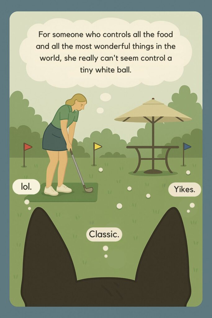 A flat-style digital illustration from a German Shepherd’s point of view, showing her ears in the foreground as she watches a woman practice chip shots in a suburban backyard with lawn flags, a mat, and scattered balls.