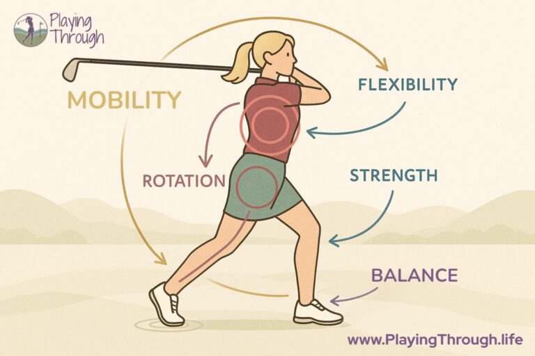 Illustration of a female golfer finishing a swing, with arrows pointing to key movement elements: mobility, flexibility, strength, balance, and rotation -- all components of a good golf mobility routine.