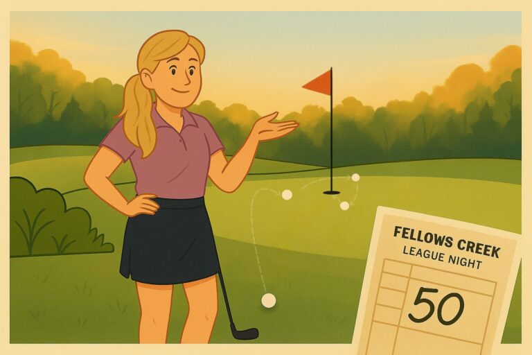 A blonde female golfer in a plum shirt and navy skirt stands on a green at sunset, shrugging with a wry smile. A scorecard shows a total of 50 for league night at Fellows Creek. Three golf balls are on the green, visually hinting at a frustrating multi-putt.