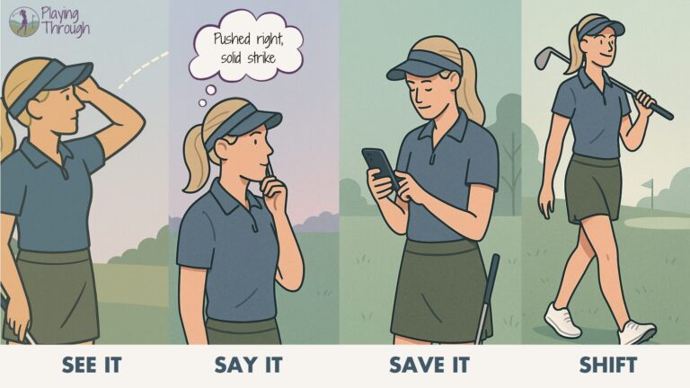 A four-panel digital illustration showing a female golfer going through her post-shot routine: watching the ball fly ("See It"), analyzing the shot with a thought bubble that says “Pushed right, solid strike” ("Say It"), typing into her phone to log feedback ("Save It"), and walking away with her club over her shoulder ("Shift"). The golfer wears a blue polo, green skort, and a visor, and the background shows a calm golf course.