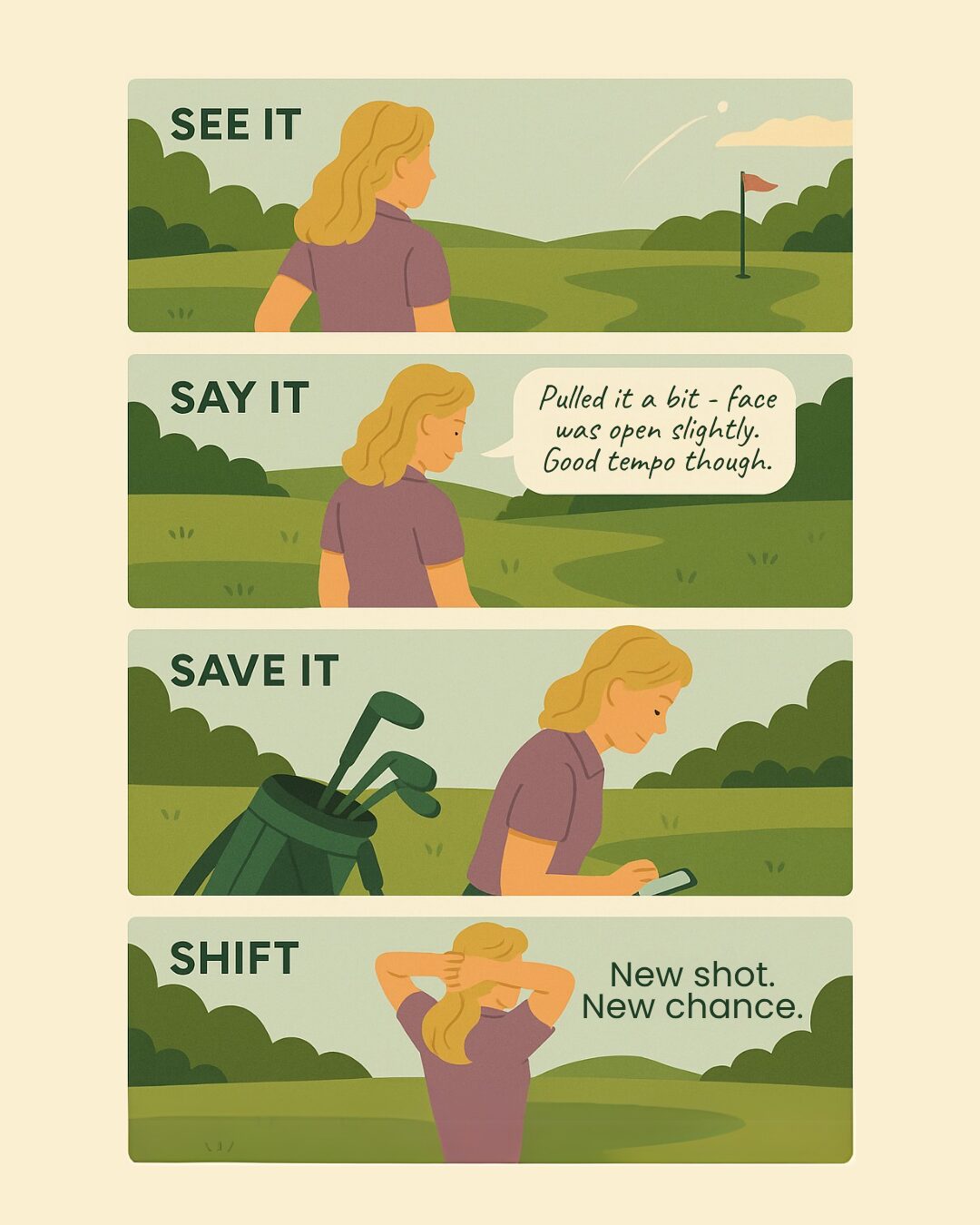 A four-panel visual shows a female golfer moving through a post-shot routine: watching her shot, speaking to herself calmly, reviewing a note on her phone, and walking forward confidently.