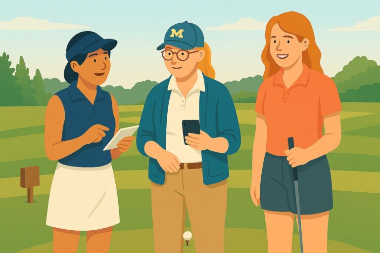 Flat digital illustration of three women golfers discussing strategy at the tee box. One holds a scorecard, another checks her phone, and the third holds a club. They're smiling and standing on a golf course with tree-lined fairways in the background.
