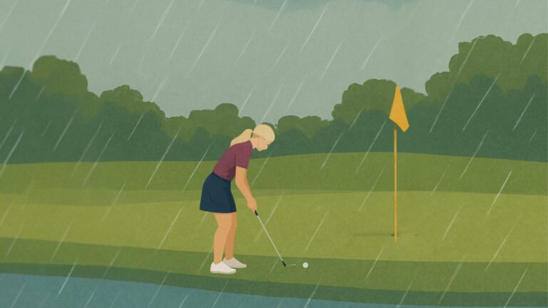 Flat digital illustration of a blonde female golfer putting from the fringe in light rain, aiming toward a raised green with a yellow flagstick.