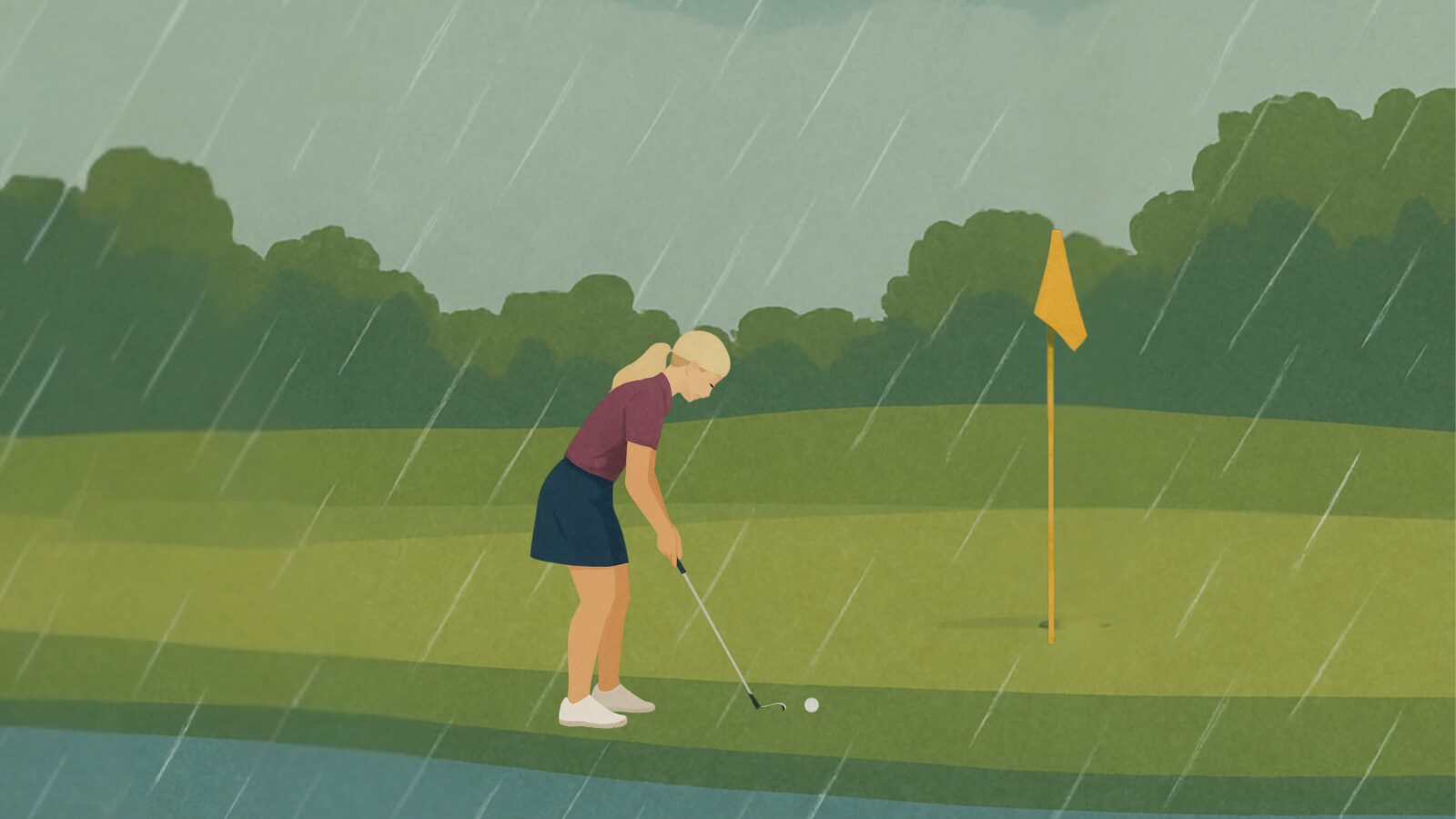 Flat digital illustration of a blonde female golfer putting from the fringe in light rain, aiming toward a raised green with a yellow flagstick.
