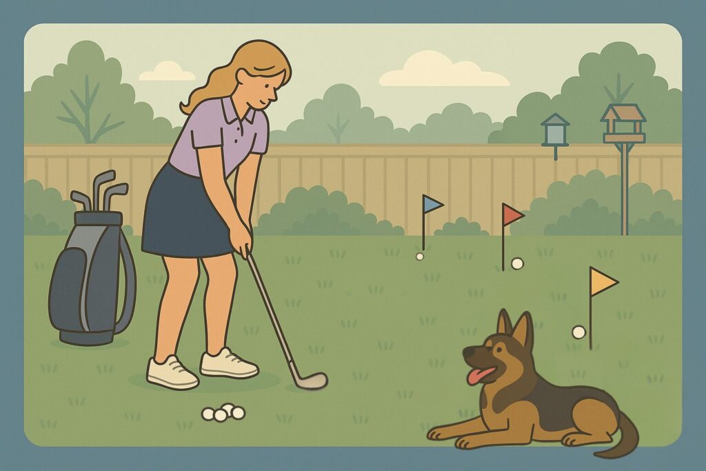 Woman practicing chip shots from one spot to four colored backyard flags.