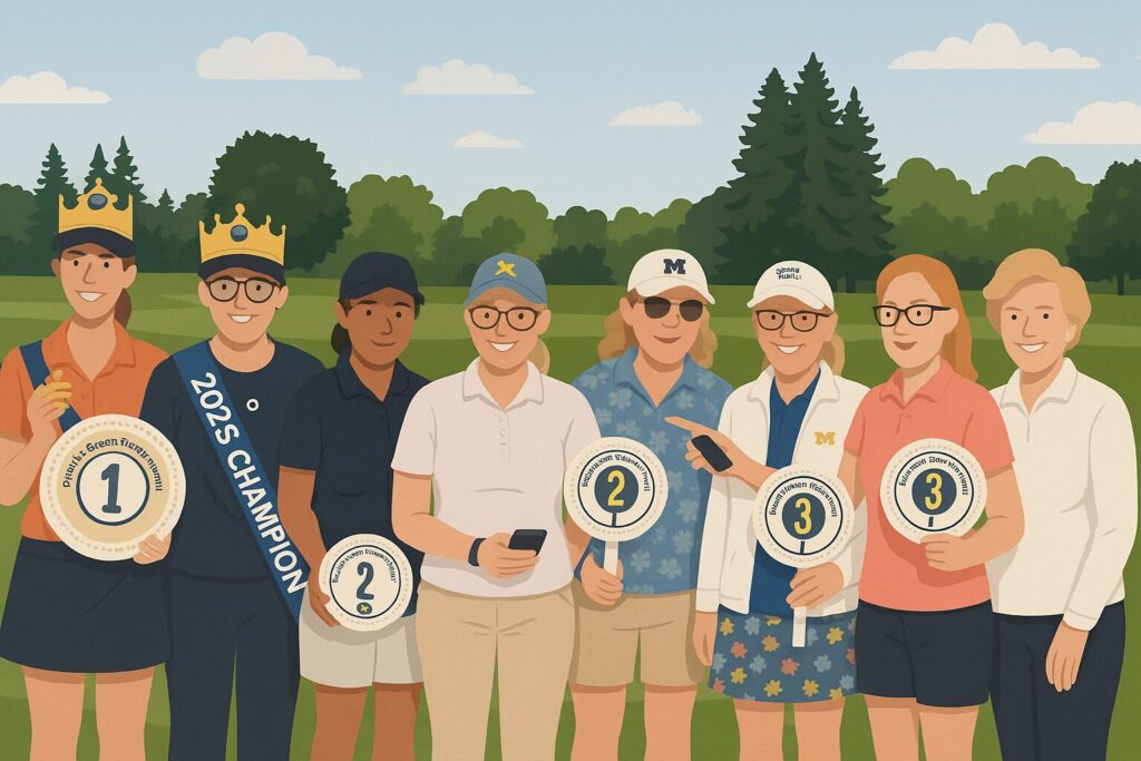 Julie and her two scramble partners pose smiling on the golf course, each holding a plate award after placing second in a three-person tournament.