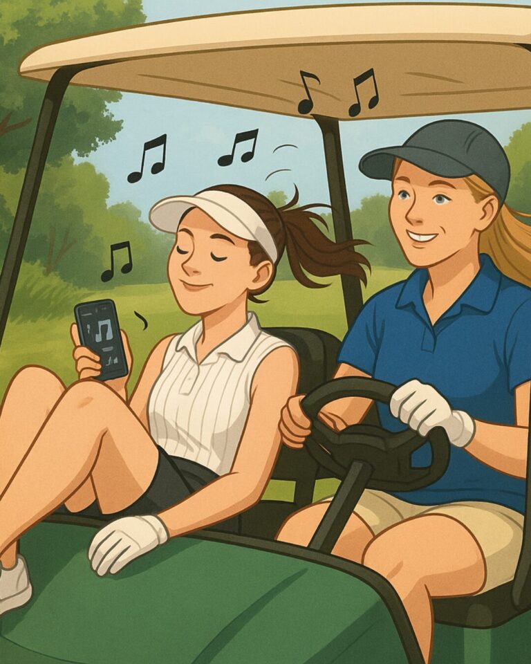 Brianna relaxes in the passenger seat of the cart with music playing from her phone while Julie drives, both smiling and enjoying the ride.