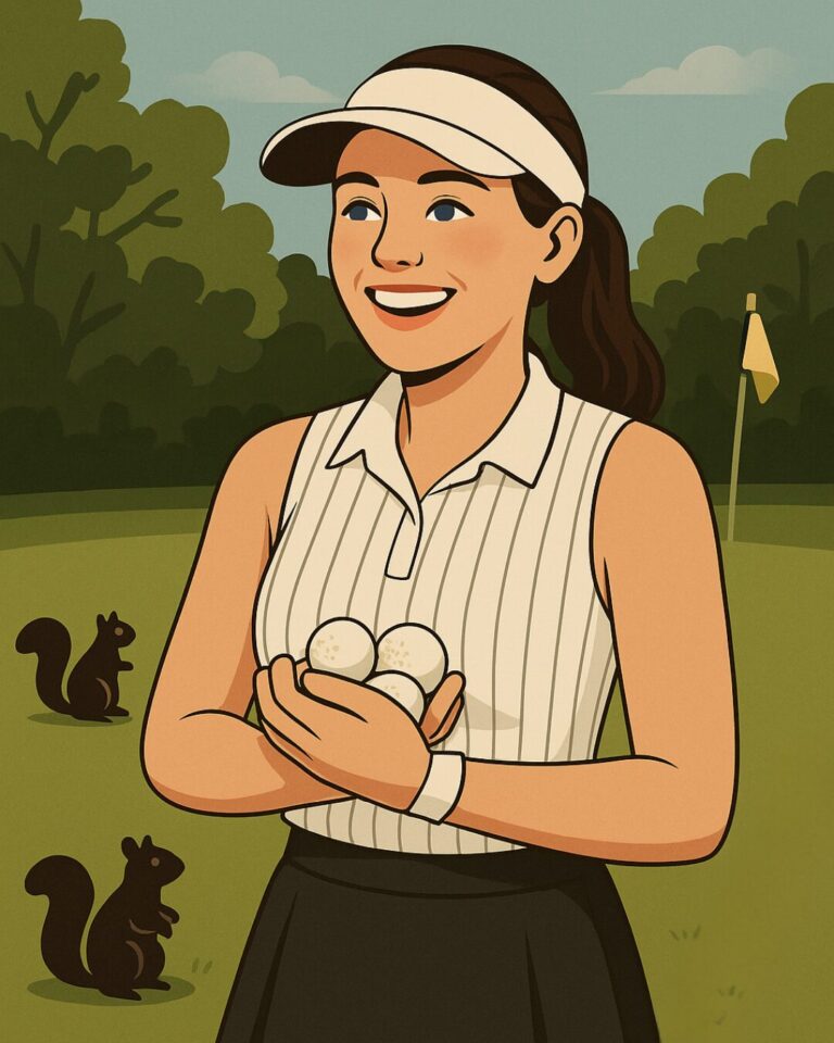 Brianna smiles while holding several found golf balls with black squirrels watching from the grass nearby.