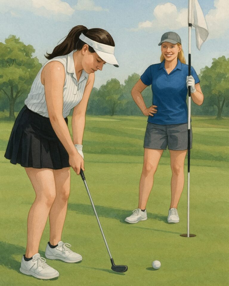Brianna lines up a putt on the green with surprising focus and form, while Julie stands nearby holding the flagstick, smiling with pride. The image captures the calm confidence of a first-time golfer stepping up with style.