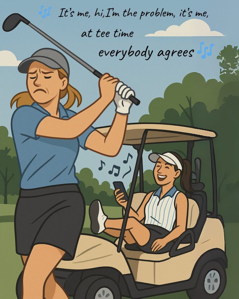 Julie reacts after a flubbed tee shot while Brianna laughs from the golf cart behind her, holding a phone playing music.
