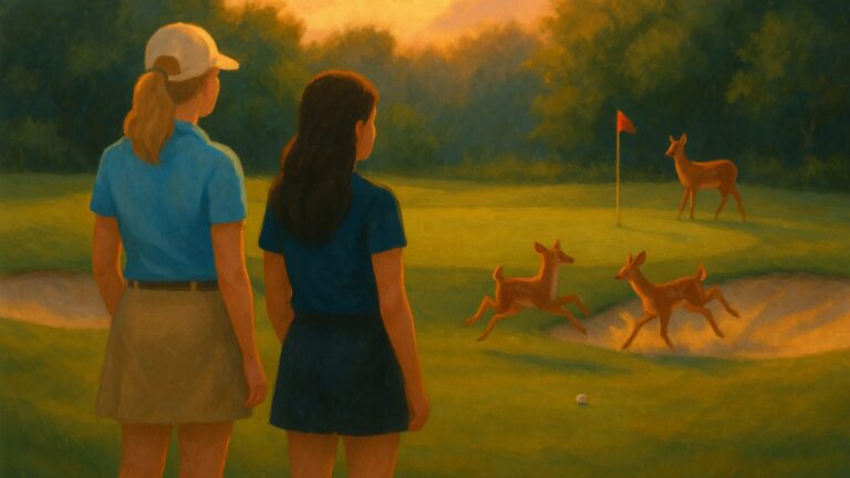 Julie and Brianna watching deer play in a greenside bunker on Hole 8 at Fellows Creek during a summer evening league round.
