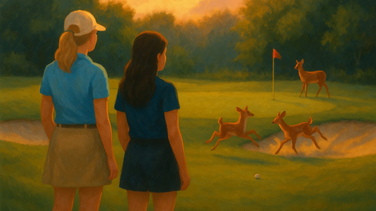 Julie and Brianna watching deer play in a greenside bunker on Hole 8 at Fellows Creek during a summer evening league round.