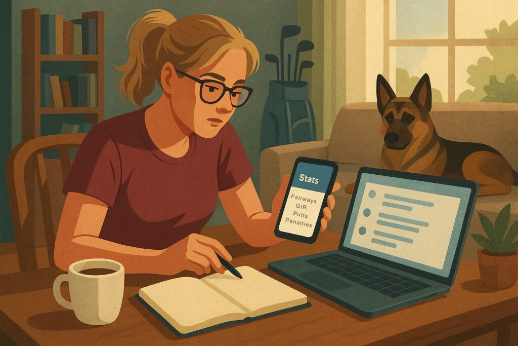 Julie sits at a table with coffee, reviewing golf stats on her phone and laptop, with her German shepherd Leia nearby and a blank notebook open beside her.