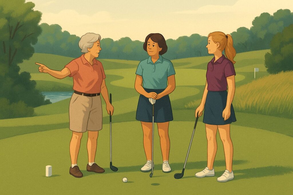 Julie stands on the tee box with two older women golfers, one of whom is pointing left toward a hidden hazard off the fairway.