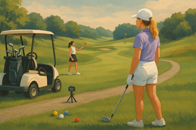 Julie stands in the fairway on Hole 6 at Fellows Creek, facing the green with a wedge in hand. Her niece Brianna is mid-toss, throwing a red Callaway Superfast golf ball toward her. A GoPro on a tripod sits nearby, with scattered neon golf balls on the grass.