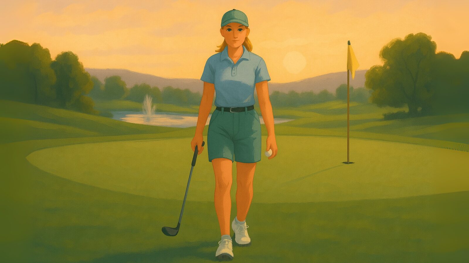 Julie walking confidently off the 9th green at sunset, holding a mallet putter, with the flagstick and pond fountain behind her at Saint John’s Resort.