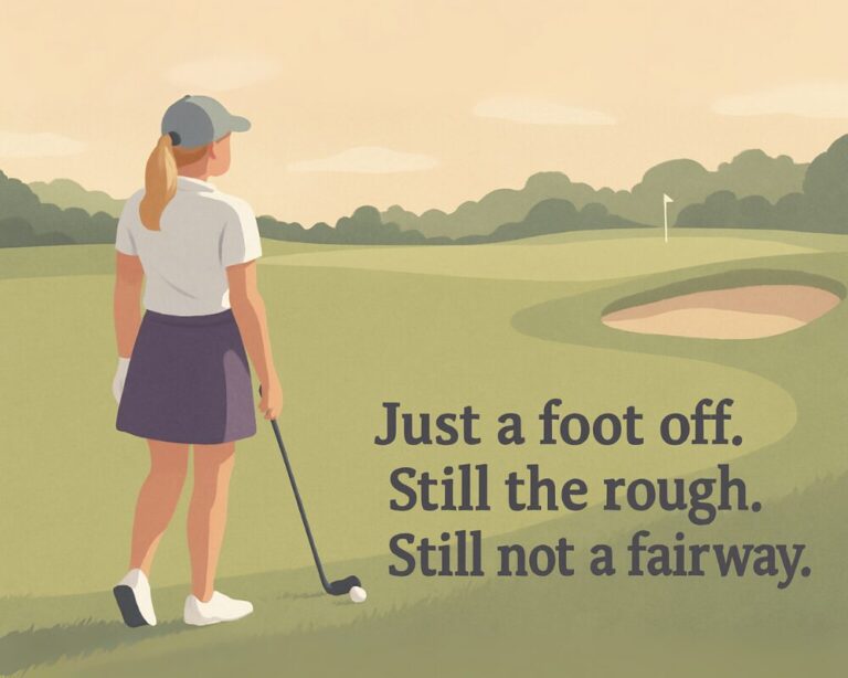 Julie stands on the near side of the ball, just off the fairway, preparing for her shot toward the green. Her stance is calm and focused, with muted tones and late-day light surrounding the course.