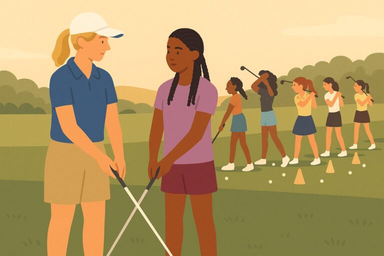 Julie, a blonde golf coach, stands beside a teen girl with braids as they each hold their own club, demonstrating grip at a full swing station during a First Tee practice.