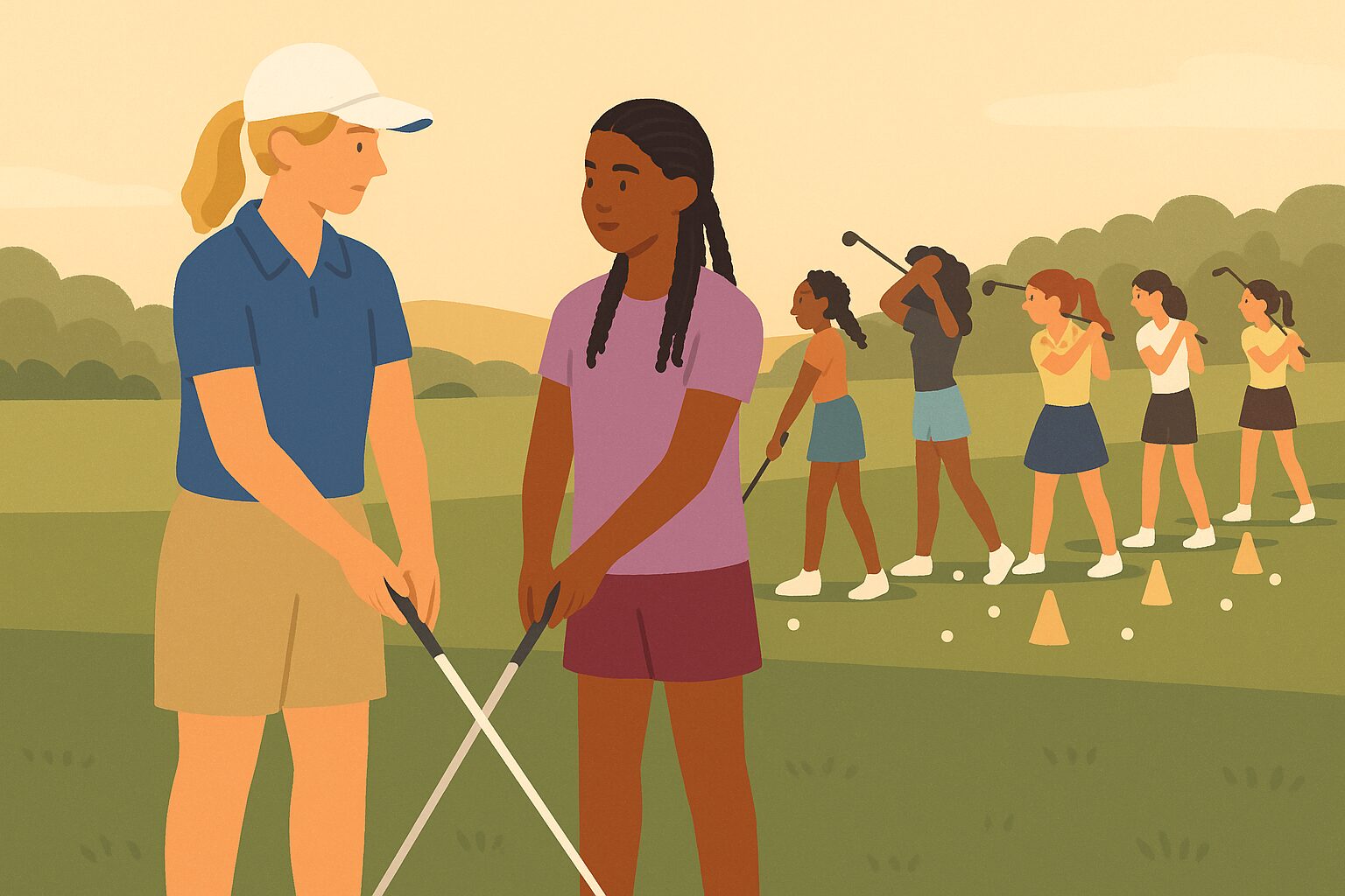 Julie, a blonde golf coach, stands beside a teen girl with braids as they each hold their own club, demonstrating grip at a full swing station during a First Tee practice.