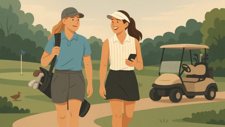 Julie and her teenage niece Brianna walk together on the golf path at Fellows Creek, smiling and relaxed after a low-pressure Fourth of July round.