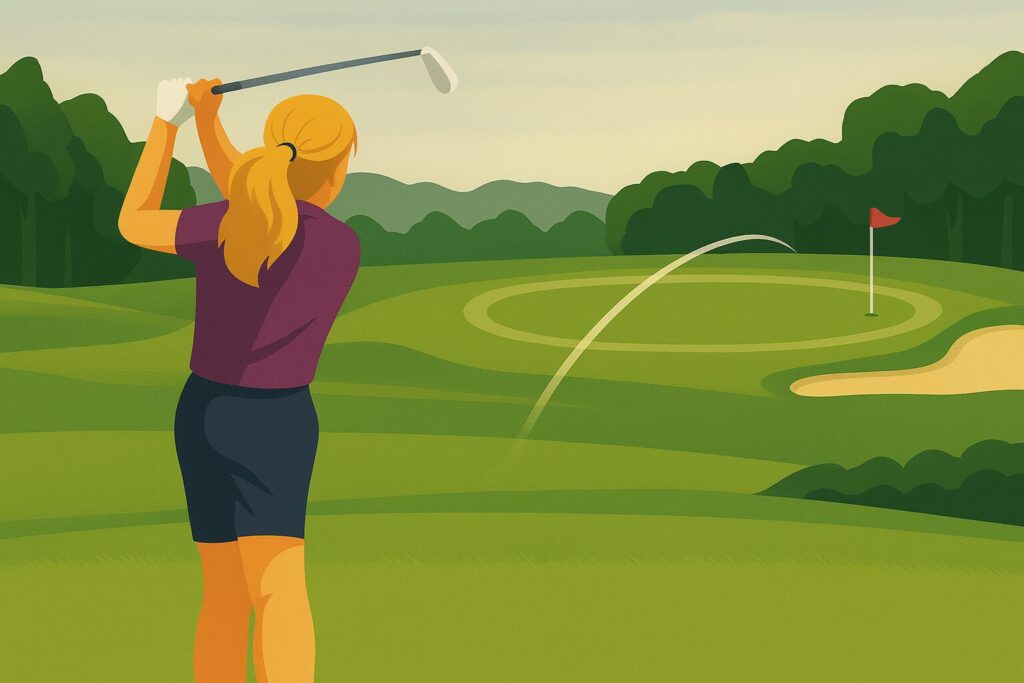 Julie finishes her swing from the fairway with a ball flight arc heading to the center of the green. A ghosted alternate arc curves toward a pin tucked behind a bunker.