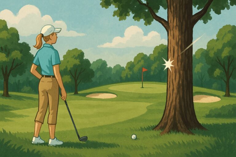 A golf ball rests in the light rough after bouncing off a tall tree, with Julie standing nearby in khaki capris and a sage green cap, assessing the shot with a calm, focused expression. The green is visible in the distance at University of Michigan Golf Course.