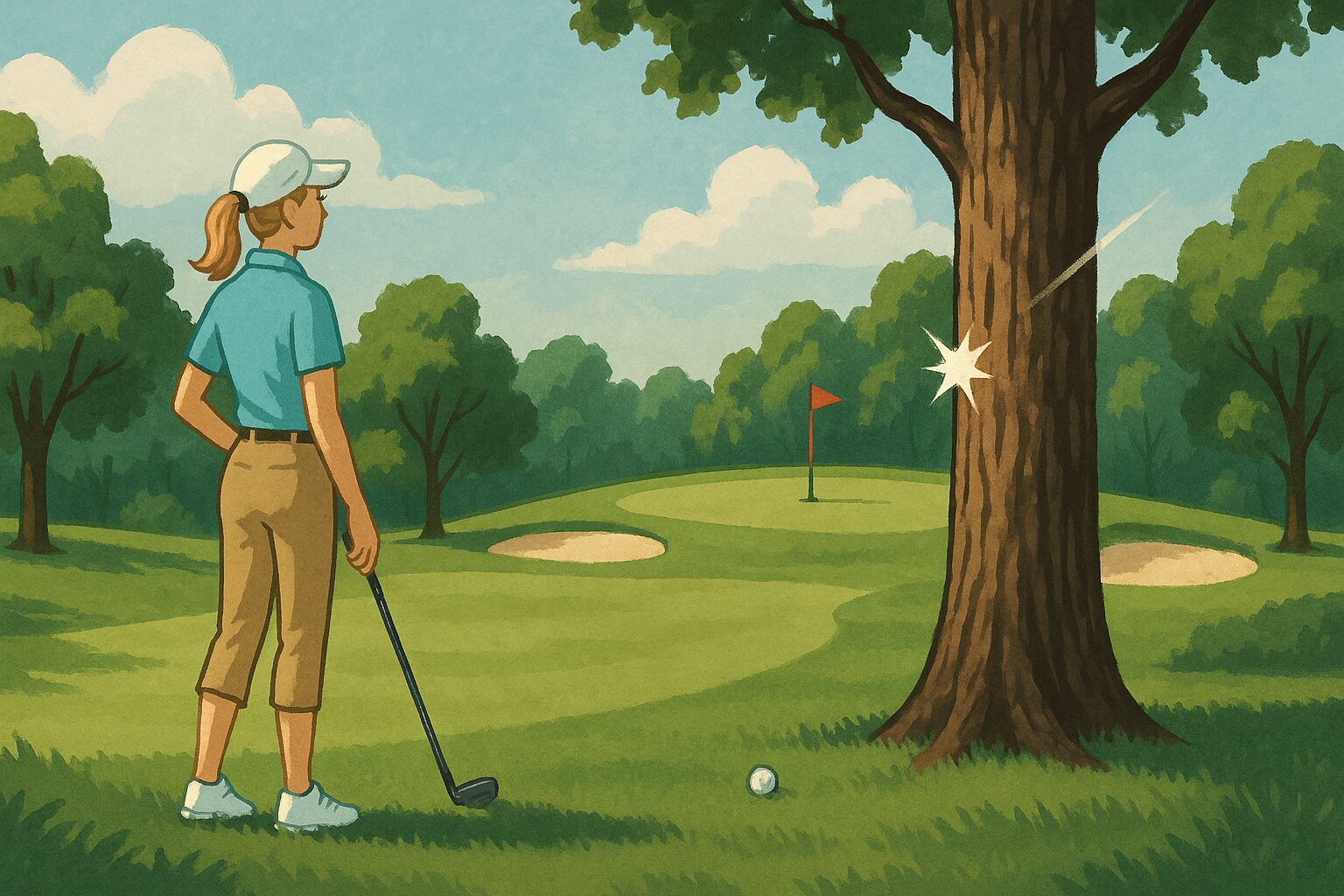 A golf ball rests in the light rough after bouncing off a tall tree, with Julie standing nearby in khaki capris and a sage green cap, assessing the shot with a calm, focused expression. The green is visible in the distance at University of Michigan Golf Course.