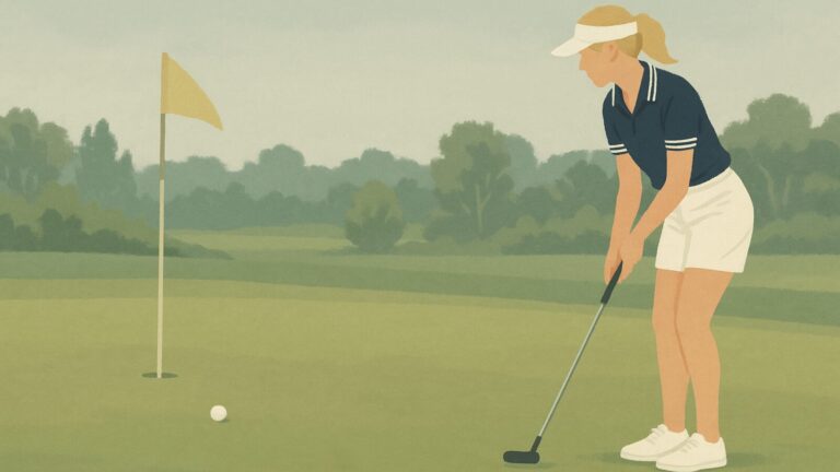 A blonde female golfer in a navy polo and white shorts lines up a long putt on the green, with the flagstick in the distance.