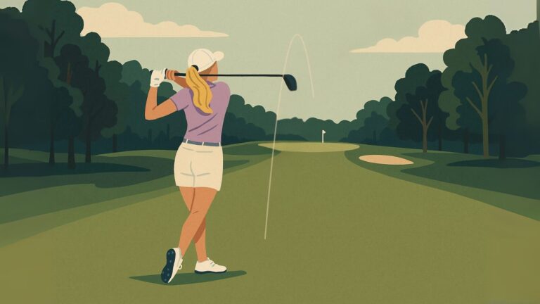 Julie hitting a 3-wood from the fairway toward the green on a tree-lined par 5 at Salem Hills, wearing a lavender polo and white shorts.