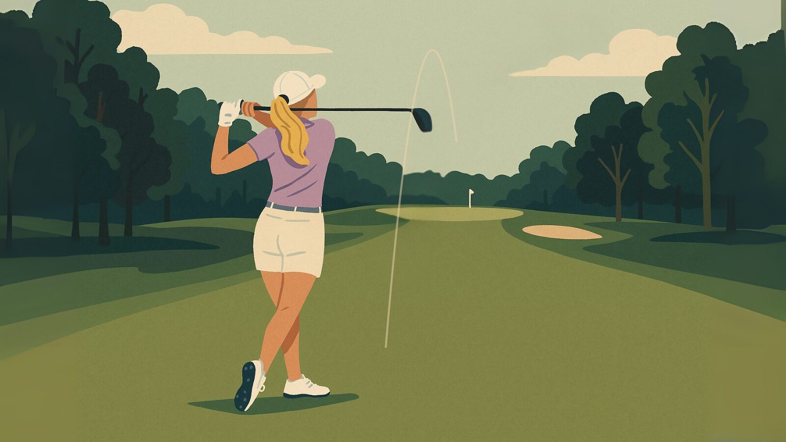 Julie hitting a 3-wood from the fairway toward the green on a tree-lined par 5 at Salem Hills, wearing a lavender polo and white shorts.