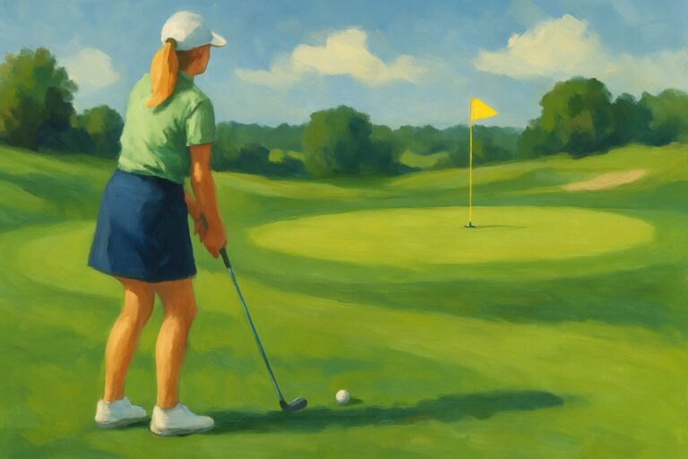 A right-handed female golfer with blonde hair stands alone, preparing to chip onto a green under a clear blue sky. A yellow flag flutters in the distance.