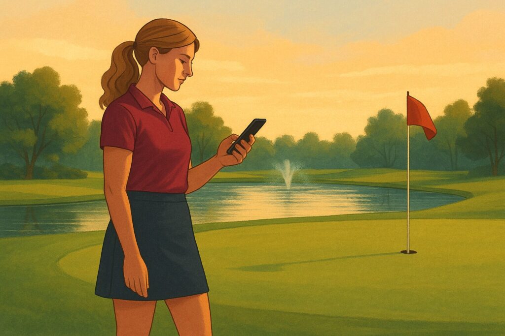Julie stands on a golf green at sunset looking at her phone, with a flagstick and a pond with a fountain behind her.