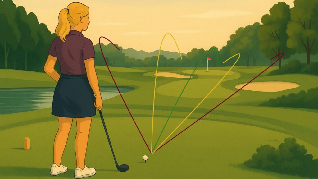 Julie stands on a golf tee box in front of a pond and trees, with five colored shot dispersion arcs showing different tee shot paths toward a distant green.
