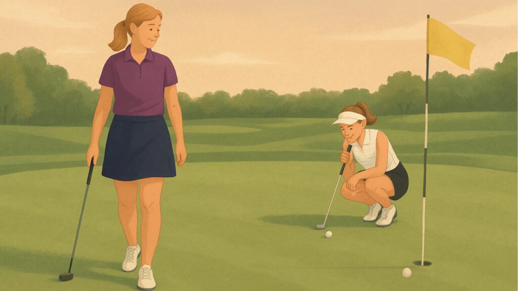 Julie walks away from a long putt that stopped just short of the hole as her niece crouches to line up her own putt.