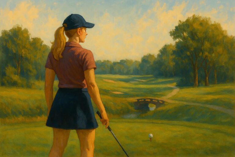 Flat digital painting of a female golfer in a navy skirt and mauve sleeveless top, standing confidently on a tee box at sunset with a 3-wood, ready to swing.