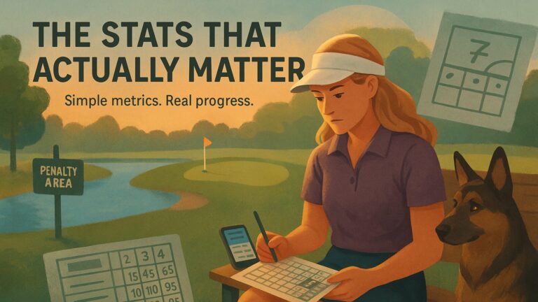 Julie sits on a bench next to a German shepherd, reviewing her golf stats with a scorecard and phone in hand. A calm green and pond with a penalty area sign appear behind her, with flags on the green and icons floating nearby showing score data and round notes.