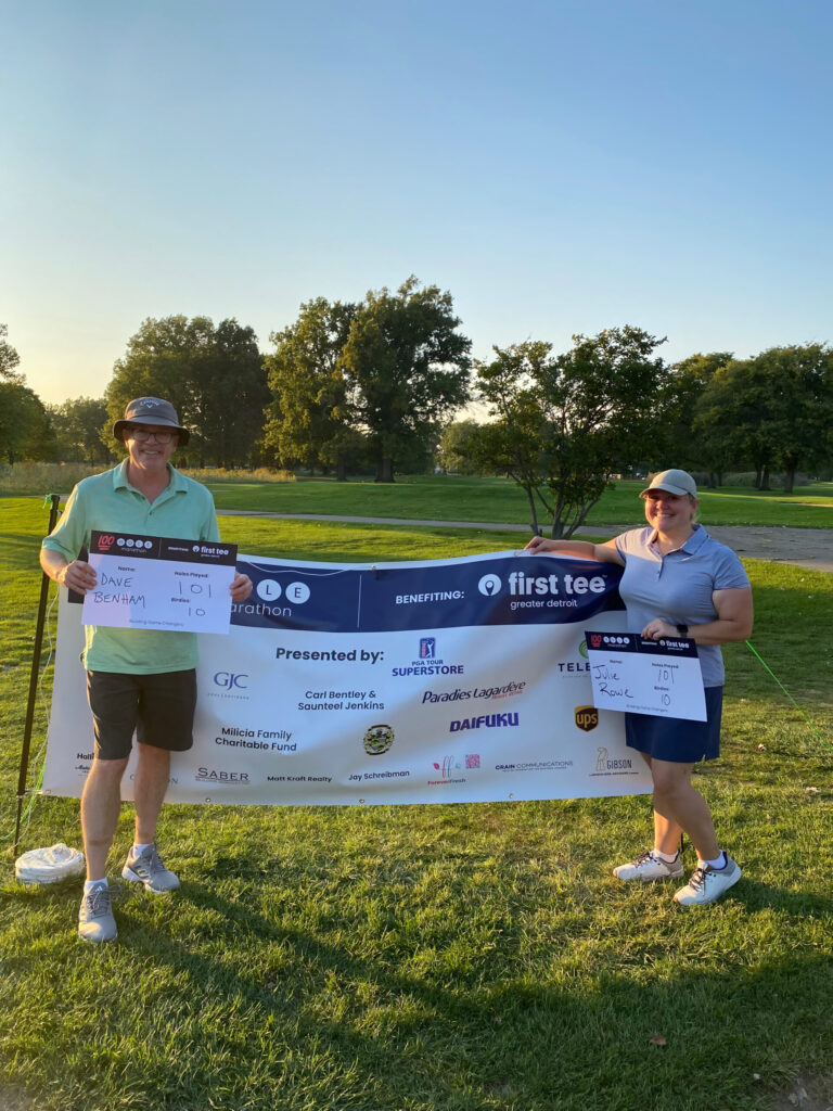 Another First Tee coach and I played 101 holes of alternate-shot scramble and made 10 birdies. We birdied hole one — he had a perfect drive, I stuck a 7-iron from 135 yards to within four feet. I told him I was glad to demonstrate that I could play golf, but not to expect that level of output for the next ten hours. First Tee Greater Detroit fundraiser, fall 2025.